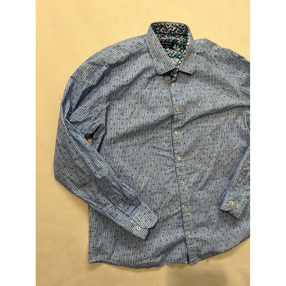 BUGATCHI Men's Shaped Fit Blue Striped Micro Dot Dress Shirt Long Sleeve Cotton - Picture 5 of 12